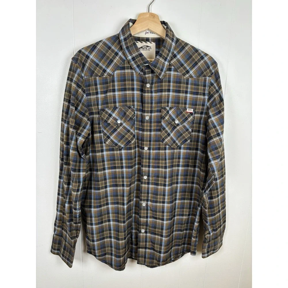 Vintage Vans Custommade For You Mens Size M Blue Brown Plaid‎ Pearl Snap Shirt